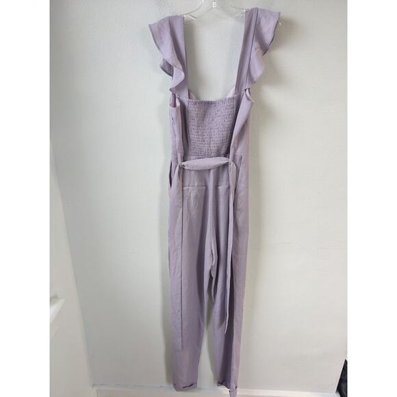 Superdown Size Small Gloria Flutter Smocked Jumpsuit Lilac Purple Belted Pockets - Picture 10 of 16